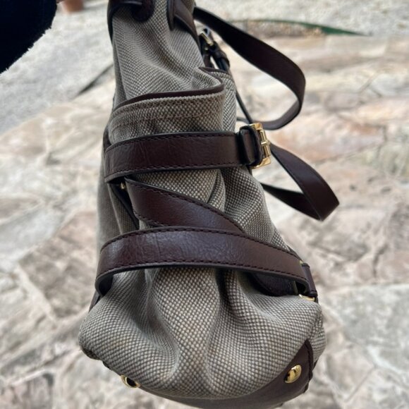 MICHAEL KORS Gansevoort Natural Hemp Canvas Mocha Brown Leather Shoulder Bag - Picture 8 of 9